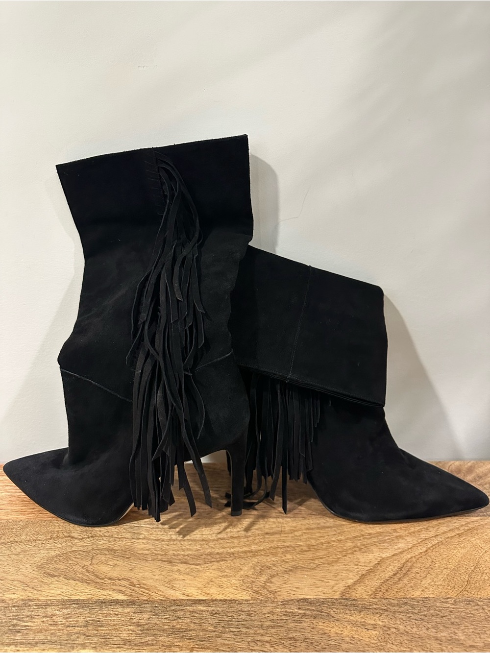 Sam Edelman Black Suede Fringe High Heel Boots - Women
